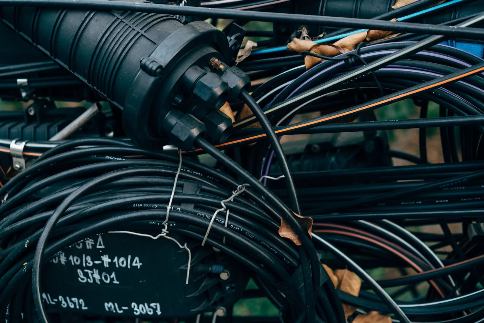 Mufa de empalme de fibra óptica con cables enrollados en una instalación exterior