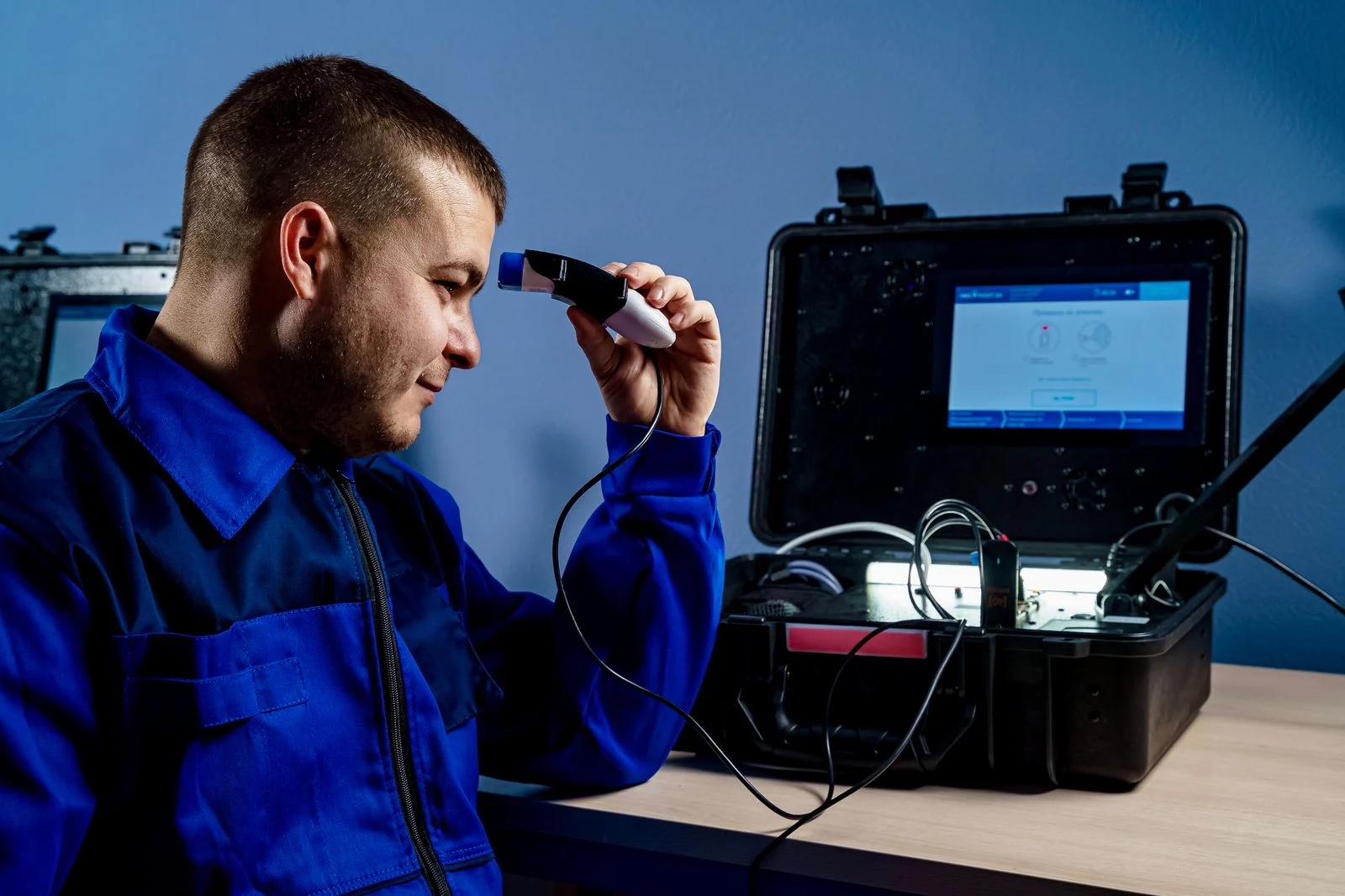 Técnico revisando un conector de fibra óptica con equipo de inspección portátil