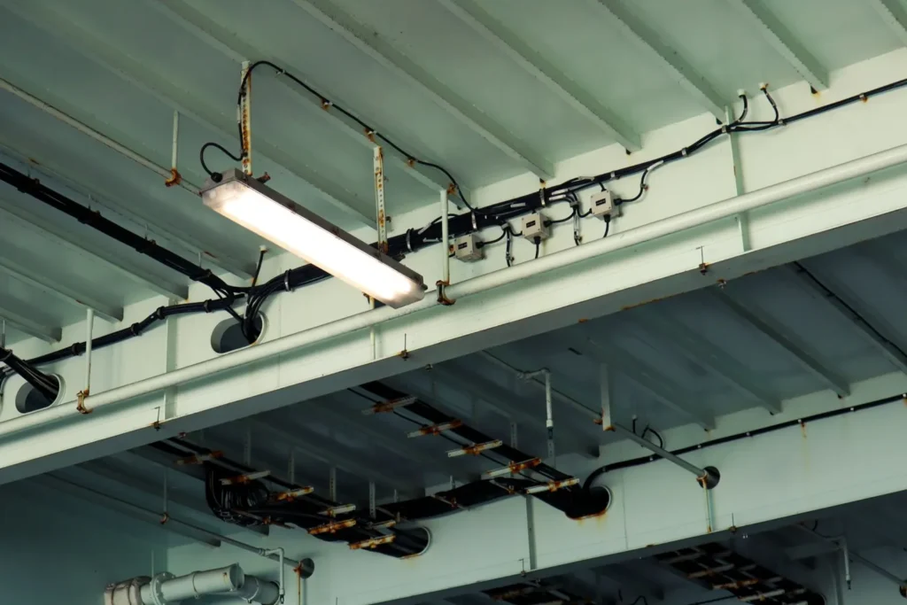 Canalización y cableado corriendo bajo la estructura del techo de una nave industrial