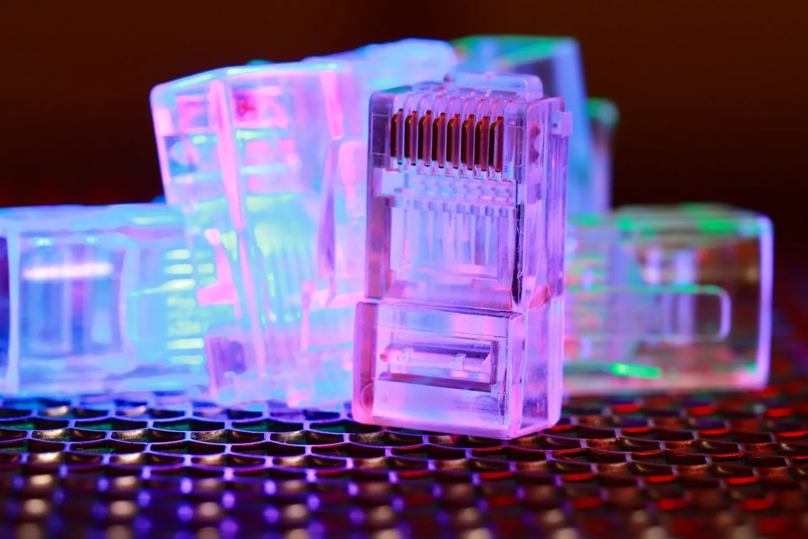 Conectores RJ45 transparentes vistos de cerca con sus ocho contactos