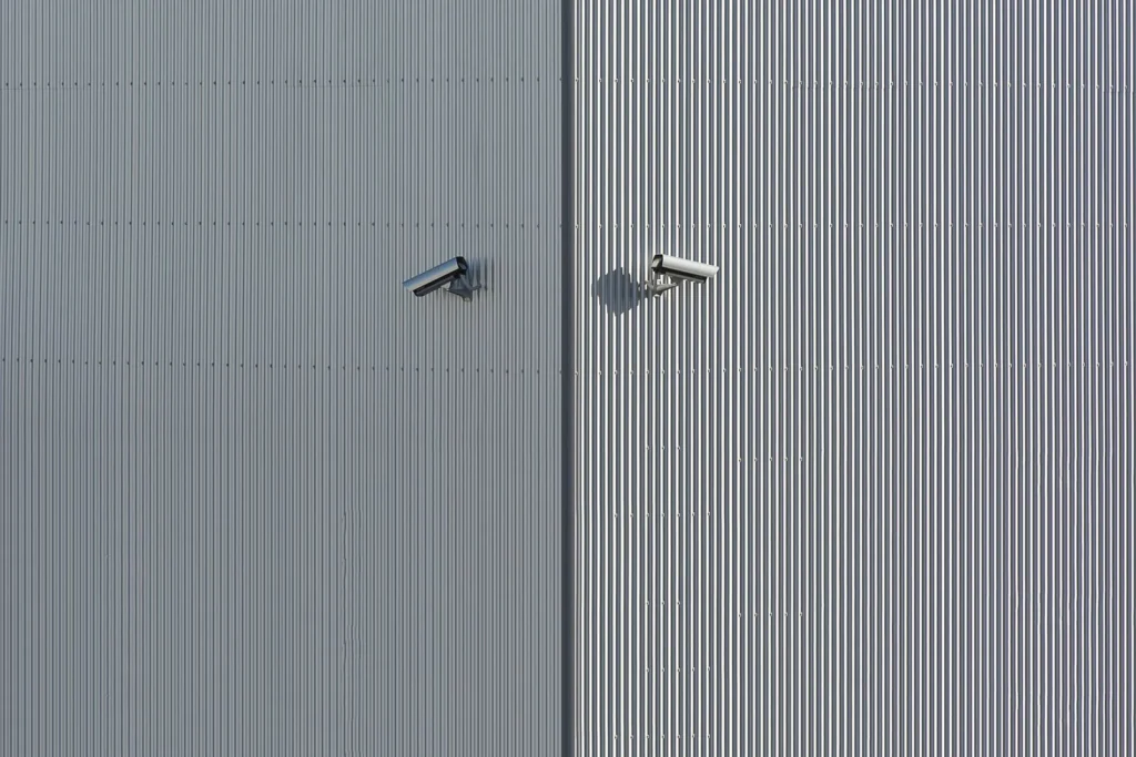 Dos cámaras de vigilancia montadas en un muro metálico exterior
