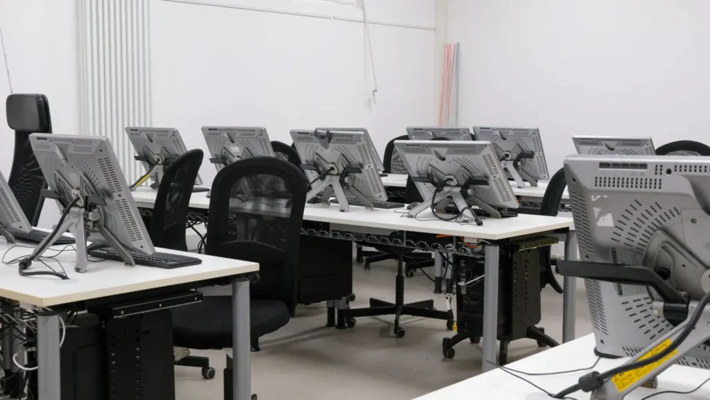 Sala con varias estaciones de trabajo y monitores conectados en red