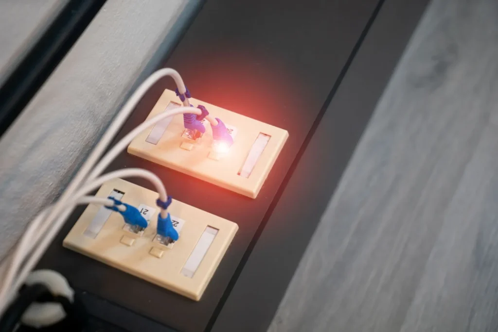 Salidas de red en muro con cables conectados y un indicador encendido